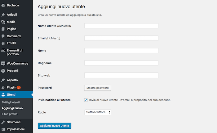 schermata con i dati per la gestione utenti di wordpress