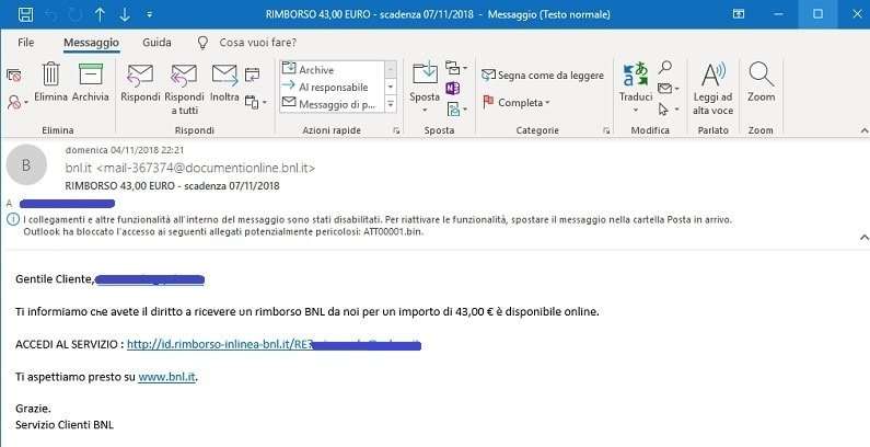 schermata di mail phishing con presunto rimborso