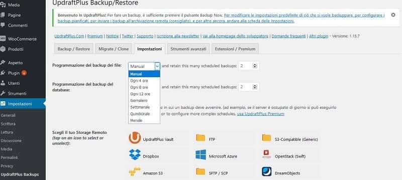 schermata di wordpress per parlare di come fare backup automatici con UprdraftPlus