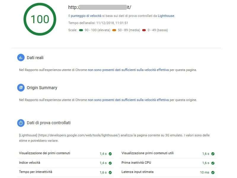 schermata di Pagespeed con velocità della pagina