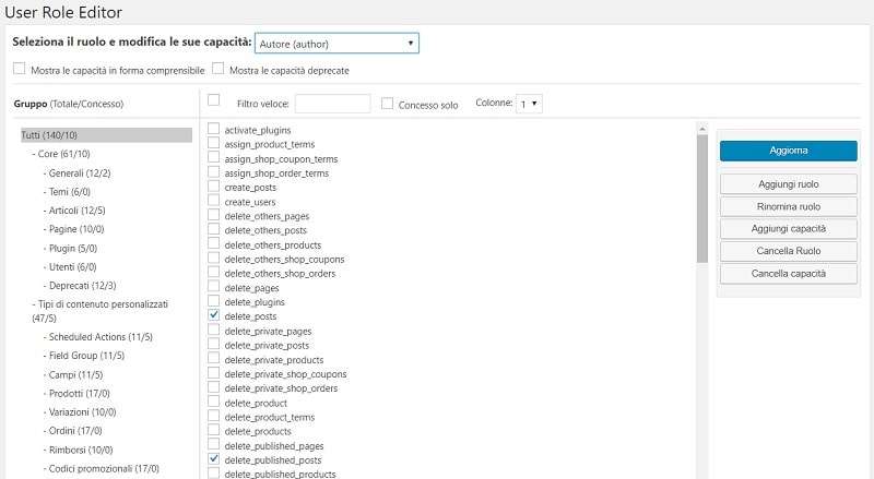schermata del plugin per gestire i ruoli WordPress con User Role Editor