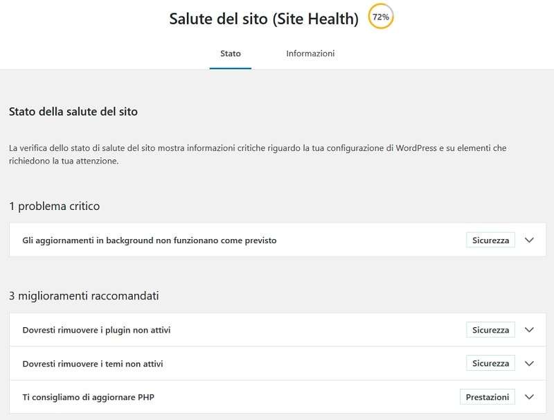 Funzione site health