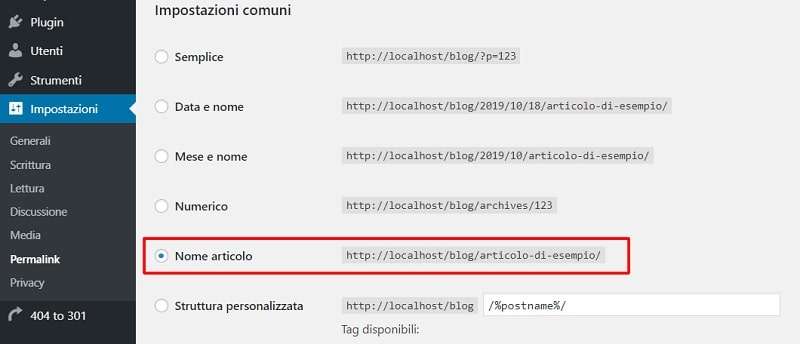 screenshot di wordpress per la struttura permalink