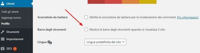 Disattivare top bar WordPress schermata con freccia