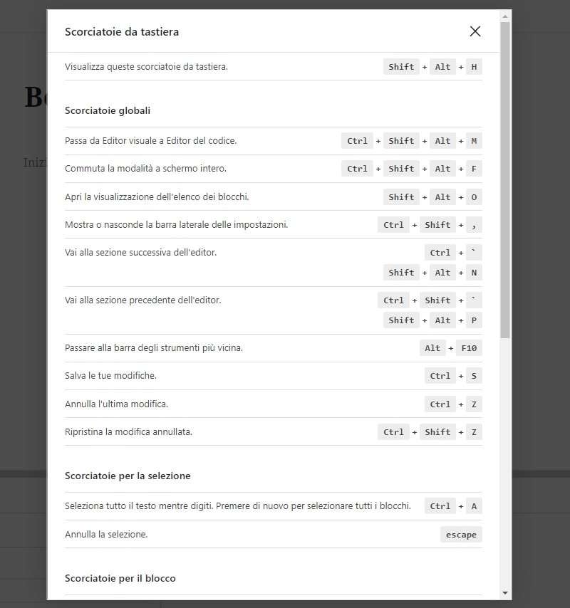 schermata con una raccolta di scorciatoie da tastiera