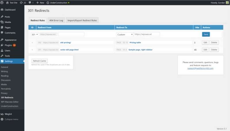 310 redirects plugin schermata dentro la dashboard di un sito wordpress