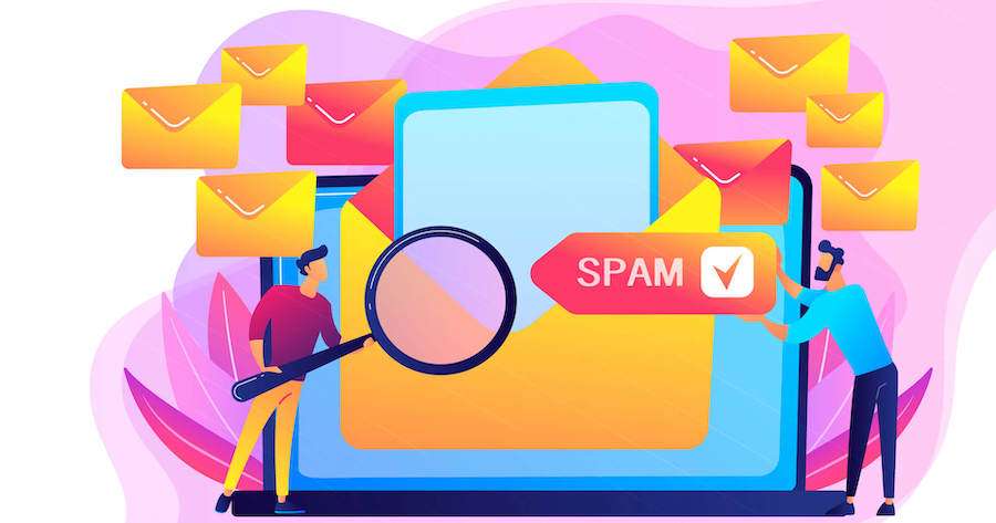 disegno di persone con lente di ingrandimento che guardano lo schermo di un pc con un cartello con scritto spam