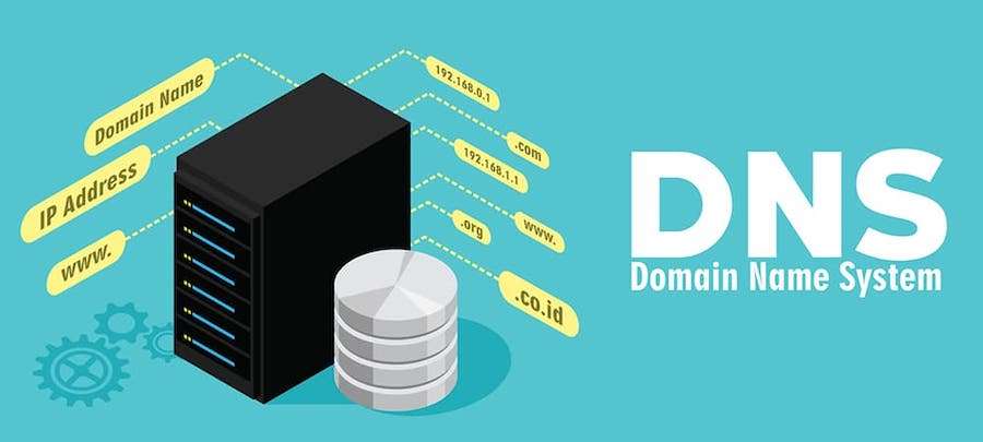 illustrazione di un server con scritte che spiegano il DNS
