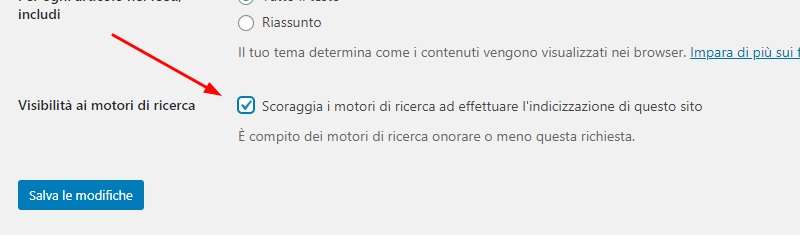 schermata di dashboard wordpress con freccia su scoraggia motori di ricerca