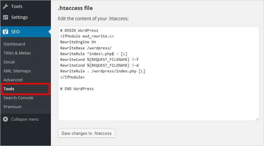 schermata di wordpress che mostra come effettuare cambiamenti al file htaccess di WordPress