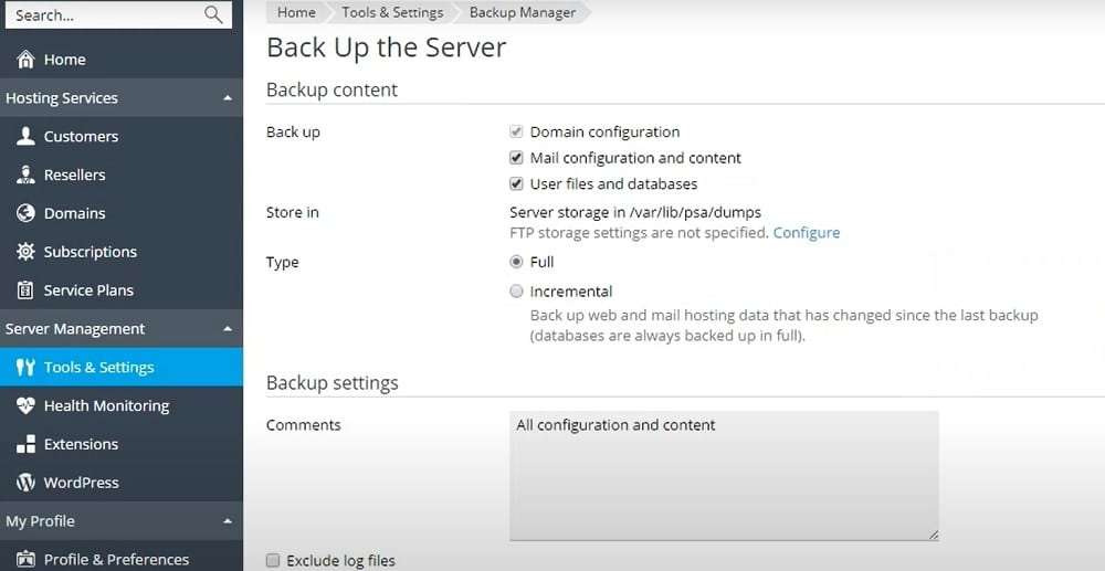 esempi di schermate per il backup da pannelli di controllo  per esempio Plesk