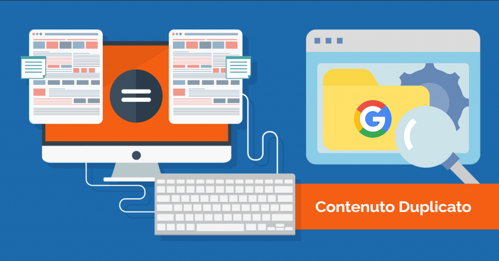 schermate siti stilizzate con logo google e la scritta contenuto duplicato per parlare delle penalizzazioni di Google