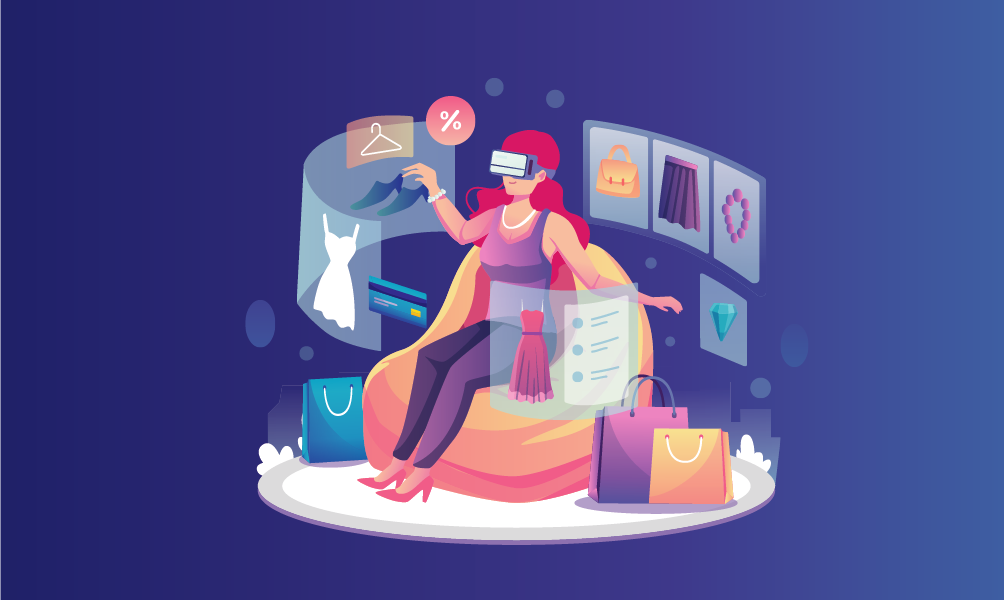 illustrazione di una donna che fa shopping con un visore vr per parlare degli elementi Interattivi Landing Page