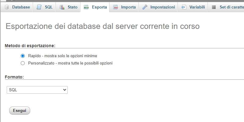 schermata cpanel per Esportare database