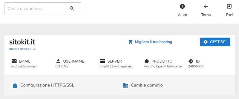 schermata di gestione sito con register