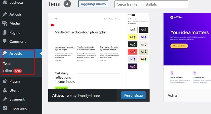 Menu Aspetto WordPress