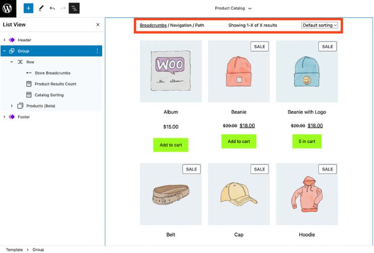 Nuovi blocchi WooCommerce breadcrumbs, results count, catalog sorting