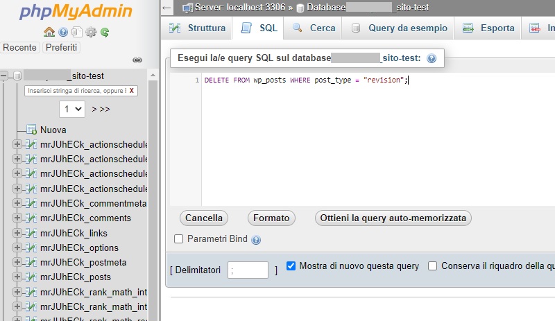 Elimina tutte le revisioni con codice SQL su phpMyAdmin