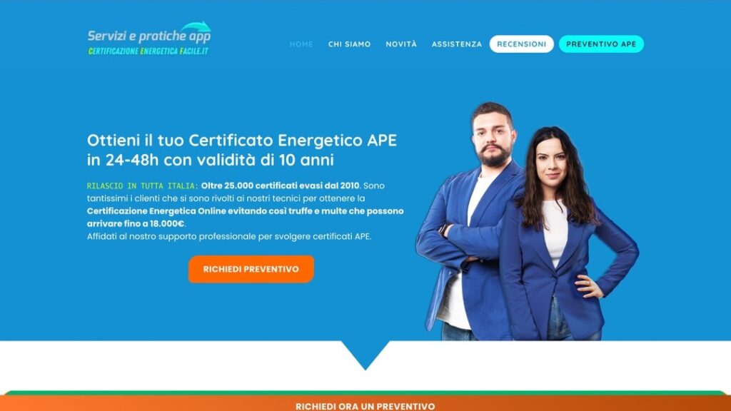 CertificazioneEnergeticaFacile.it - Un sito web informativo e user-friendly realizzato con Elementor, che fornisce dettagli sul processo di certificazione energetica, facilitando la richiesta e l'acquisto di servizi correlati.