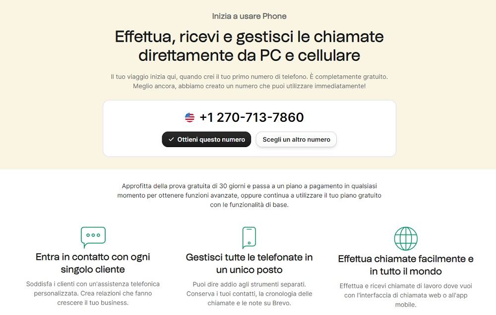 Brevo ti permette di registrare un numero di telefono e gestire le chiamate con i clienti