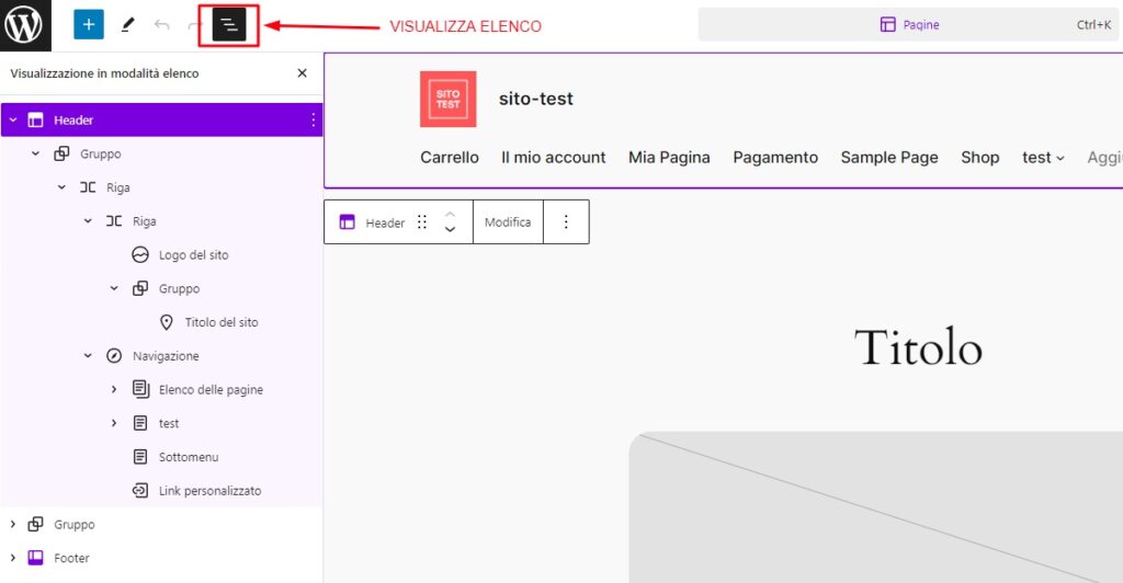 Modifiche della header nell'editor del template di pagina