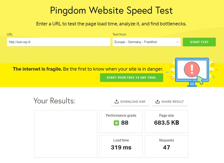 Come velocizzare un sito WordPress - test del sito con Pingdom