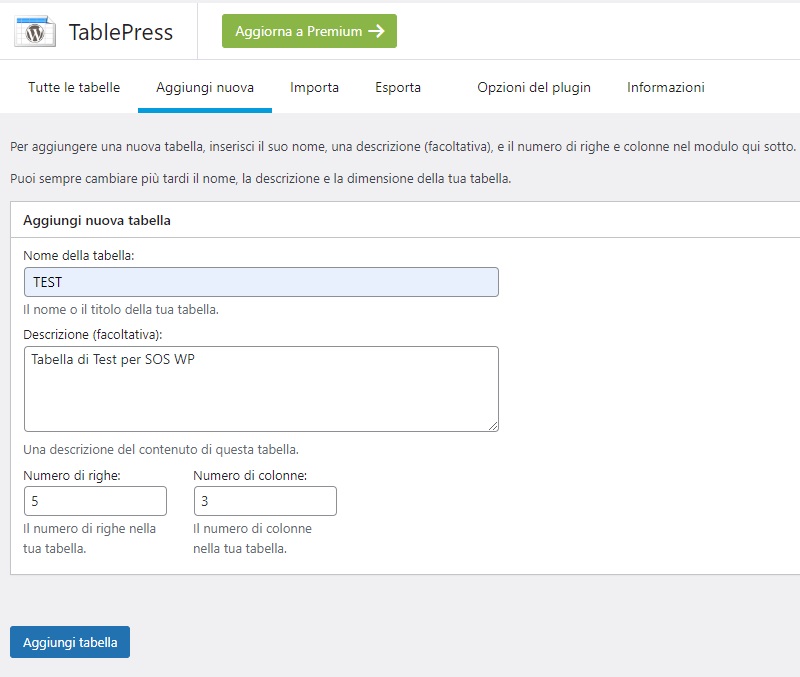 Crea nuova tabella TablePress