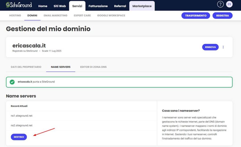 Cambiare i name server su SiteGround
