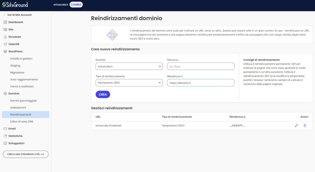 Impostare redirect di dominio su SiteGround