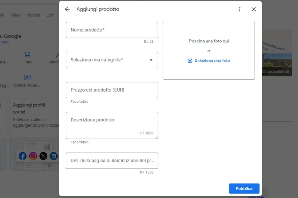 Inserire le informazioni sul prodotto