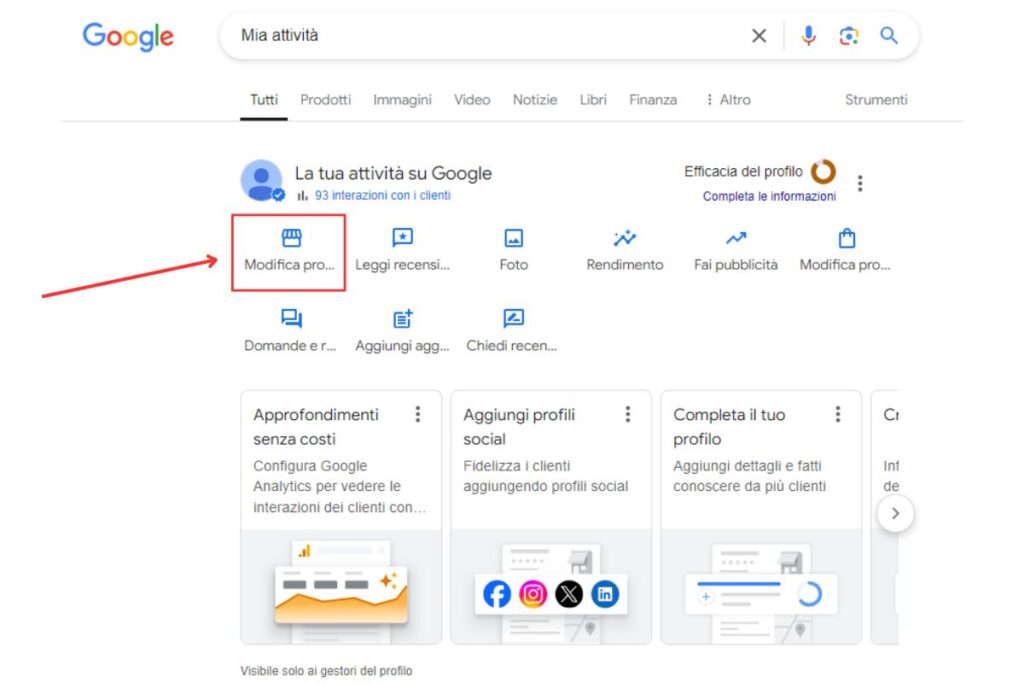 Modifica il Profilo dell'Attività Google