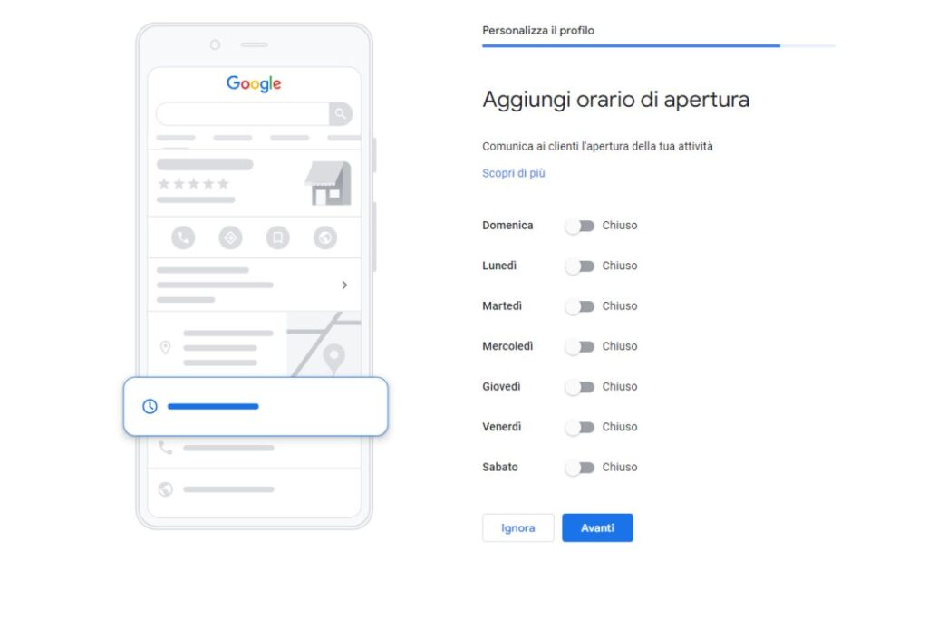 Aggiungi gli orari di apertura al Profilo dell'Attività Google