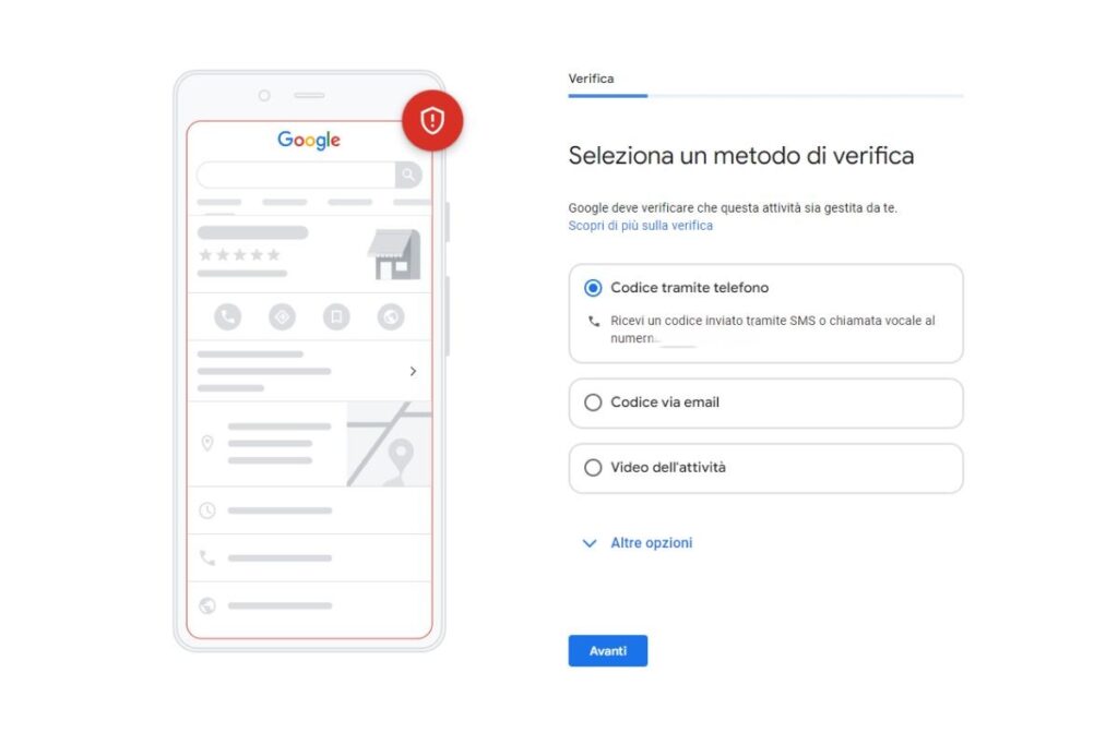 Scegli un metodo per verificare la tua attività su Google