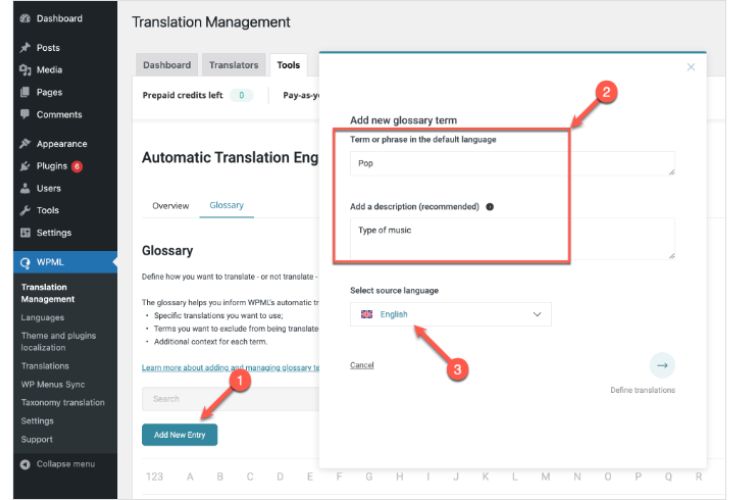 Inserimento nuovo termine di Glossario WPML