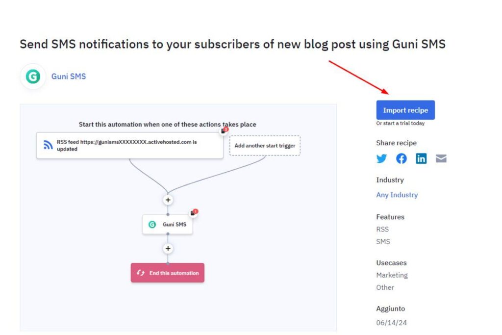 Importare ricetta dal marketplace Active Campaign