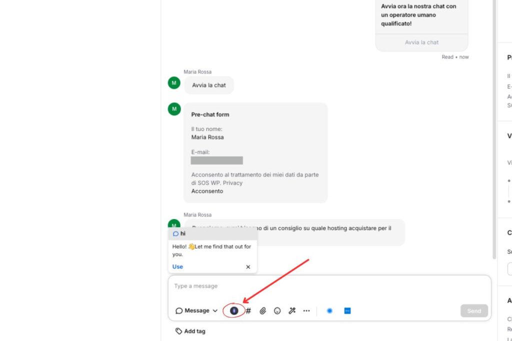 Pulsante Reply Suggestions di LiveChat