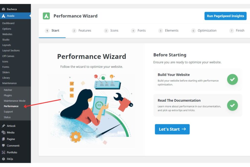 Step 1 Performance Wizard di Avada