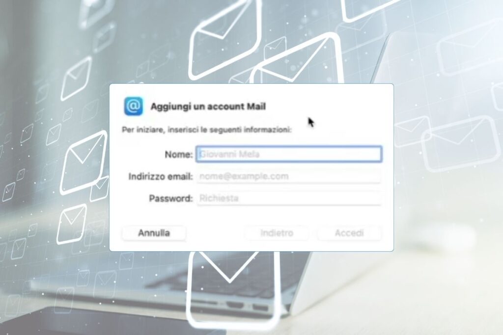 Inserisci mail e password per il tuo account di posta