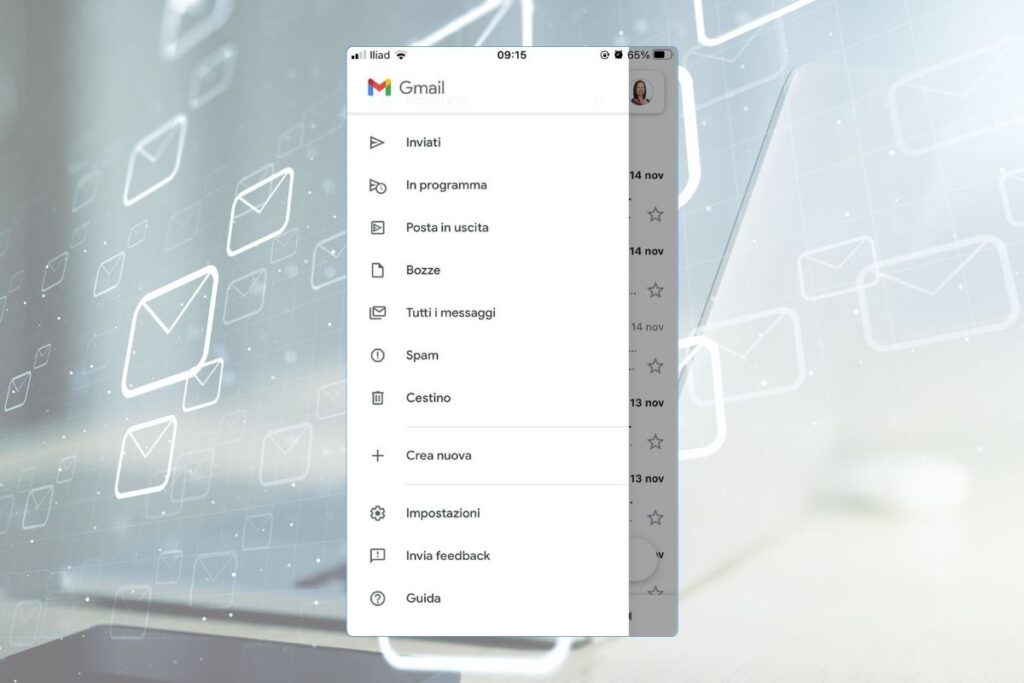 Menu dell'app Gmail