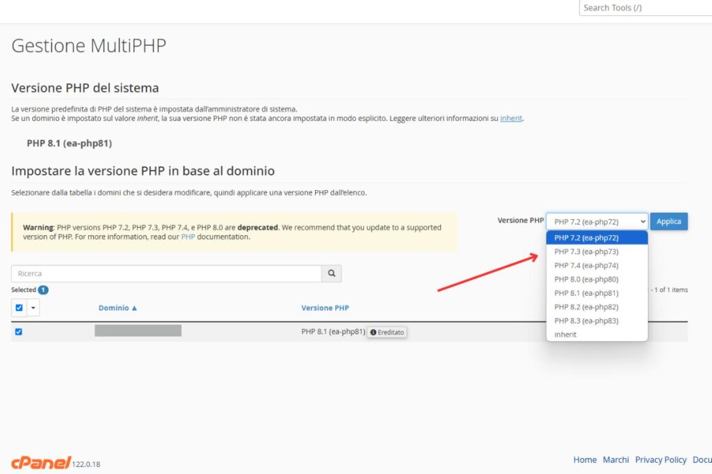 Cambio PHP su Serverplan