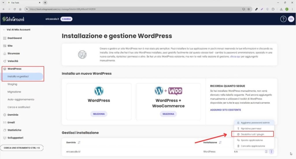 Disabilita plugin da Site Tools