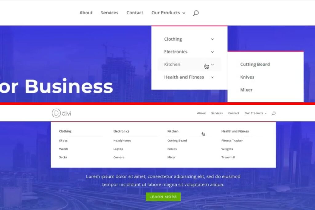 mega-menu con divi prima e dopo