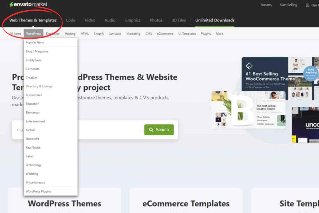 Seleziona i temi WordPress dal menu su Themeforest