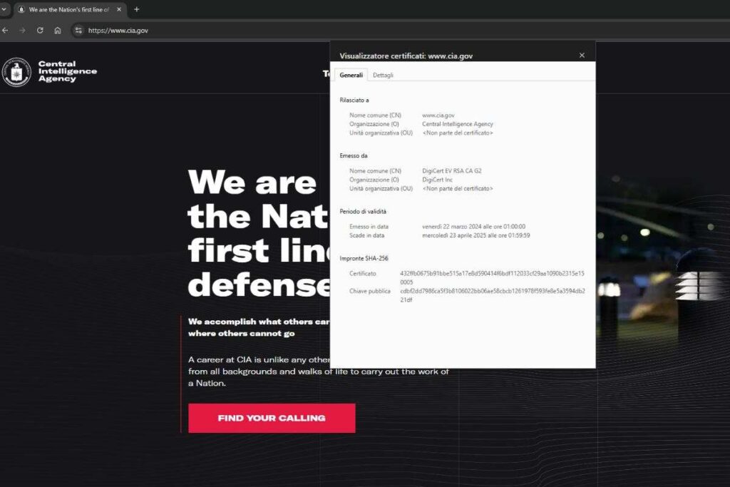Certificato SSL a pagamento di tipo EV sul sito della CIA