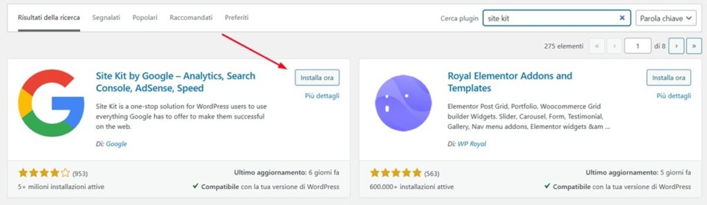 Installa Site Kit dalla Bacheca WordPress