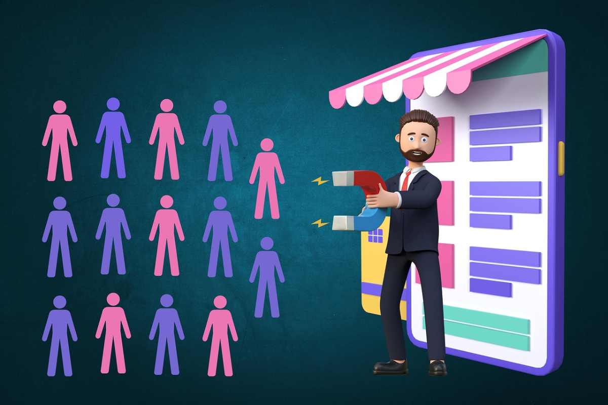 Grafica con marketers che attrae clienti