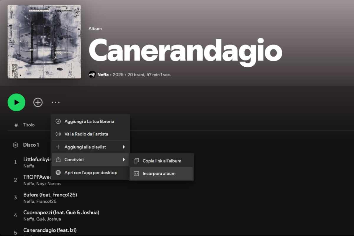 screenshot dei passaggi per incorporare playlist da Spotify su WordPress