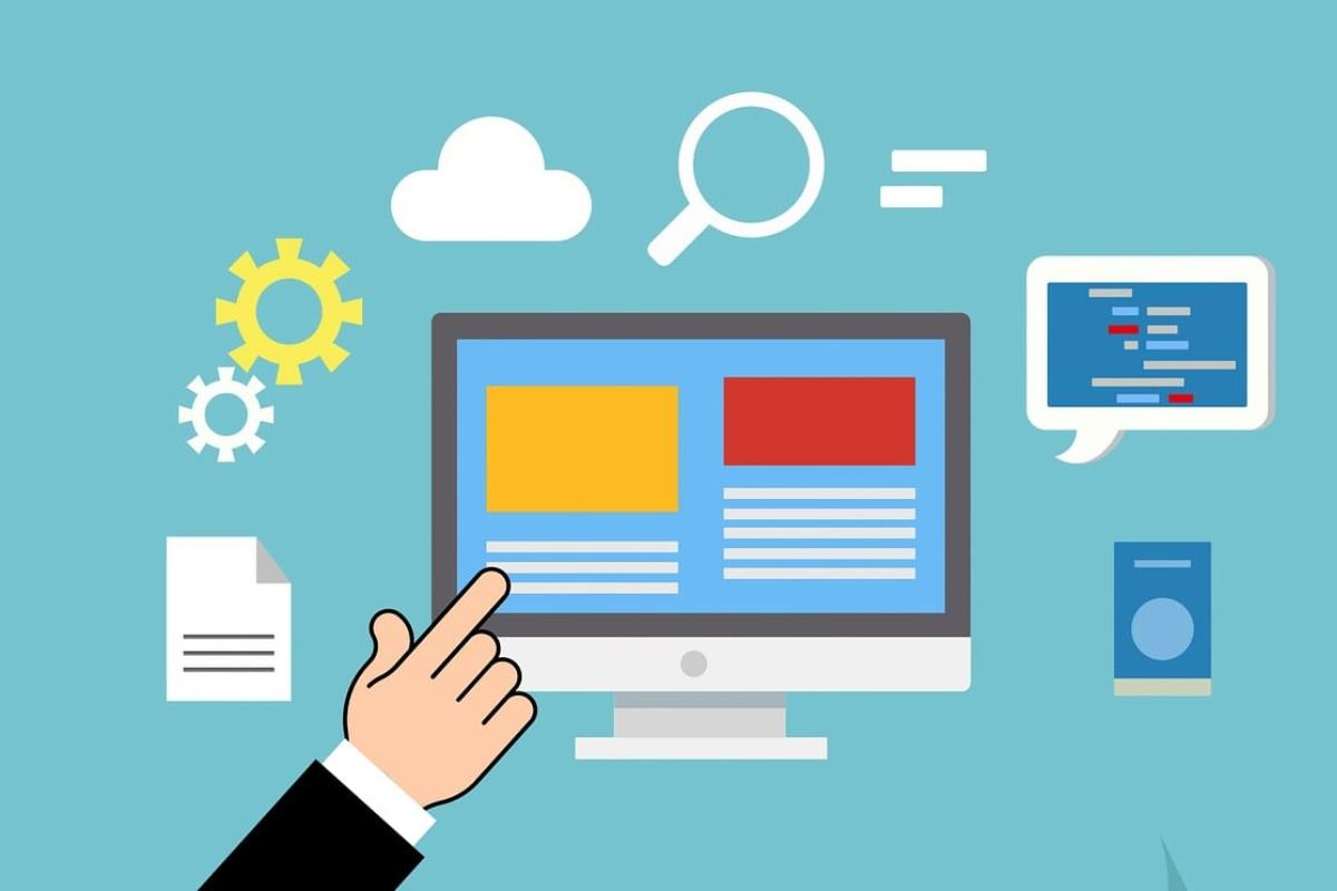 Immagine in grafica con un computer e vari icone