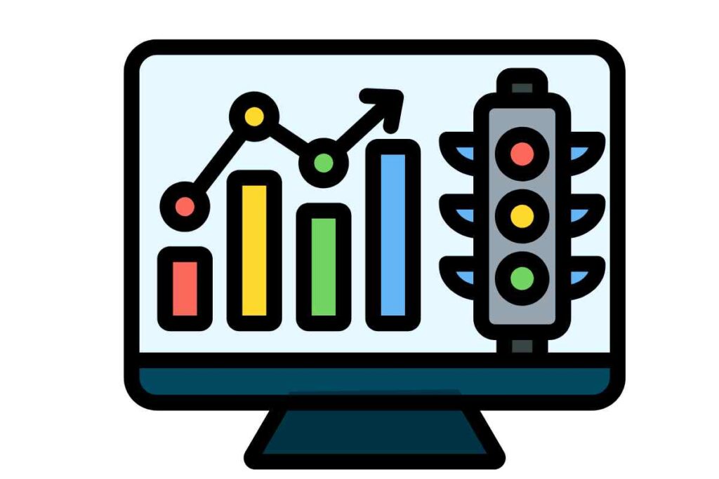 schermo di un pc con semaforo e grafico in crescita
