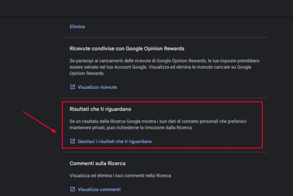Risultati che ti riguardano Google